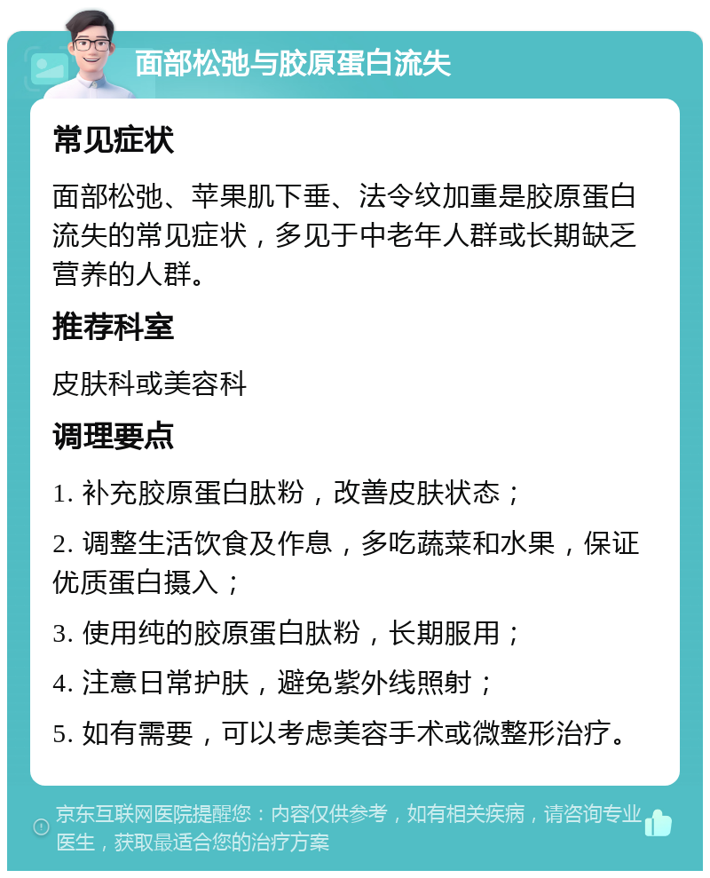 面部松弛与胶原蛋白流失 常见症状 面部松弛、苹果肌下垂、法令纹加重是胶原蛋白流失的常见症状，多见于中老年人群或长期缺乏营养的人群。 推荐科室 皮肤科或美容科 调理要点 1. 补充胶原蛋白肽粉，改善皮肤状态； 2. 调整生活饮食及作息，多吃蔬菜和水果，保证优质蛋白摄入； 3. 使用纯的胶原蛋白肽粉，长期服用； 4. 注意日常护肤，避免紫外线照射； 5. 如有需要，可以考虑美容手术或微整形治疗。