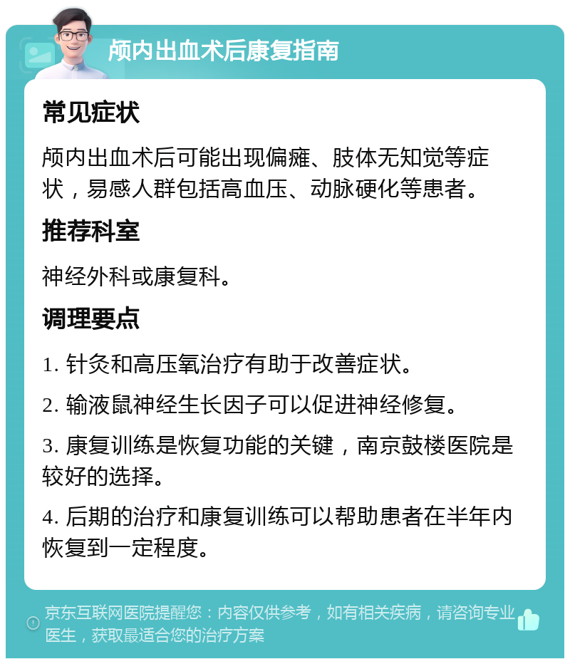 颅内出血术后康复指南 常见症状 颅内出血术后可能出现偏瘫、肢体无知觉等症状，易感人群包括高血压、动脉硬化等患者。 推荐科室 神经外科或康复科。 调理要点 1. 针灸和高压氧治疗有助于改善症状。 2. 输液鼠神经生长因子可以促进神经修复。 3. 康复训练是恢复功能的关键，南京鼓楼医院是较好的选择。 4. 后期的治疗和康复训练可以帮助患者在半年内恢复到一定程度。