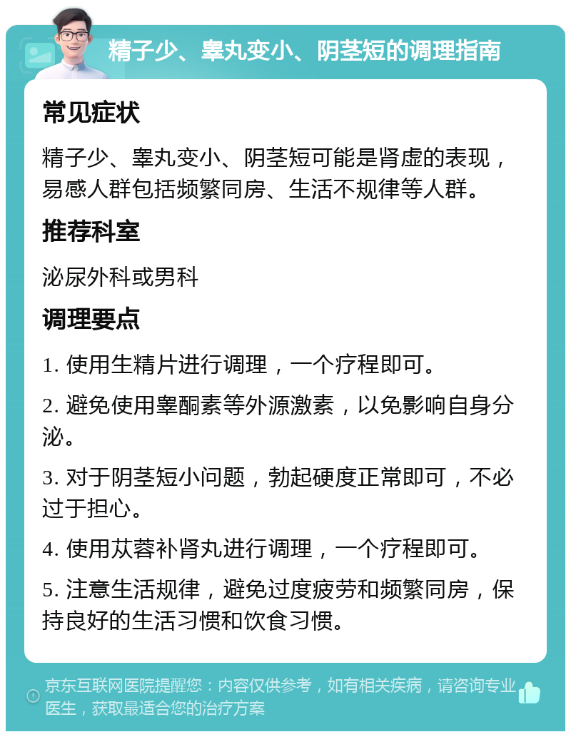 精子少、睾丸变小、阴茎短的调理指南 常见症状 精子少、睾丸变小、阴茎短可能是肾虚的表现，易感人群包括频繁同房、生活不规律等人群。 推荐科室 泌尿外科或男科 调理要点 1. 使用生精片进行调理，一个疗程即可。 2. 避免使用睾酮素等外源激素，以免影响自身分泌。 3. 对于阴茎短小问题，勃起硬度正常即可，不必过于担心。 4. 使用苁蓉补肾丸进行调理，一个疗程即可。 5. 注意生活规律，避免过度疲劳和频繁同房，保持良好的生活习惯和饮食习惯。