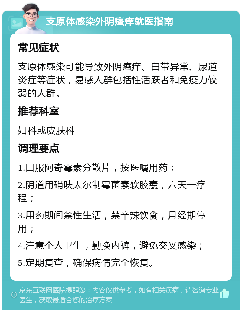 支原体感染外阴瘙痒就医指南 常见症状 支原体感染可能导致外阴瘙痒、白带异常、尿道炎症等症状，易感人群包括性活跃者和免疫力较弱的人群。 推荐科室 妇科或皮肤科 调理要点 1.口服阿奇霉素分散片，按医嘱用药； 2.阴道用硝呋太尔制霉菌素软胶囊，六天一疗程； 3.用药期间禁性生活，禁辛辣饮食，月经期停用； 4.注意个人卫生，勤换内裤，避免交叉感染； 5.定期复查，确保病情完全恢复。