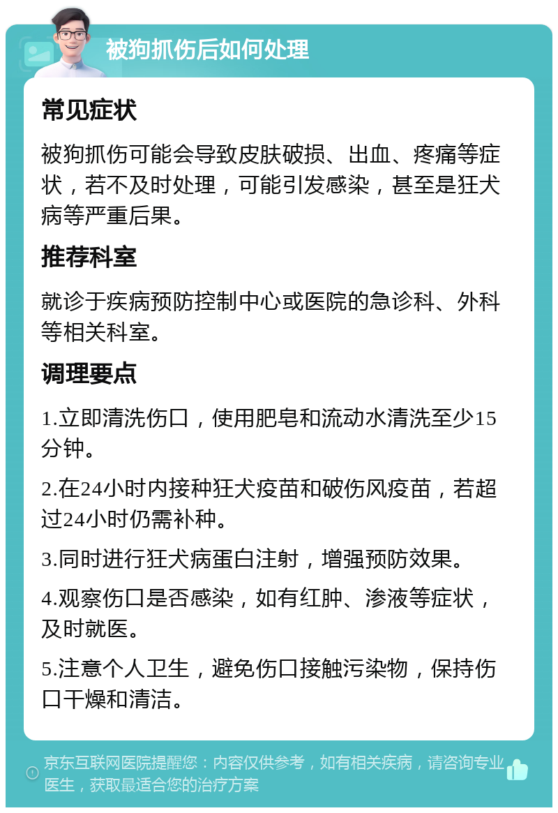 被狗抓伤后如何处理 常见症状 被狗抓伤可能会导致皮肤破损、出血、疼痛等症状，若不及时处理，可能引发感染，甚至是狂犬病等严重后果。 推荐科室 就诊于疾病预防控制中心或医院的急诊科、外科等相关科室。 调理要点 1.立即清洗伤口，使用肥皂和流动水清洗至少15分钟。 2.在24小时内接种狂犬疫苗和破伤风疫苗，若超过24小时仍需补种。 3.同时进行狂犬病蛋白注射，增强预防效果。 4.观察伤口是否感染，如有红肿、渗液等症状，及时就医。 5.注意个人卫生，避免伤口接触污染物，保持伤口干燥和清洁。