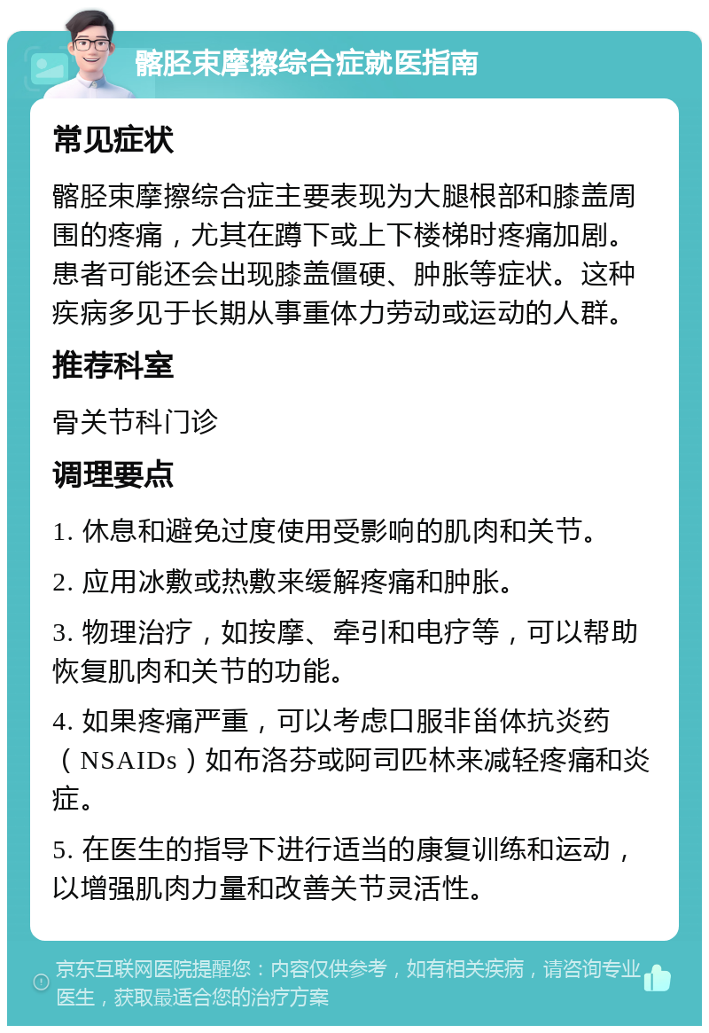 髂胫束摩擦综合症就医指南 常见症状 髂胫束摩擦综合症主要表现为大腿根部和膝盖周围的疼痛，尤其在蹲下或上下楼梯时疼痛加剧。患者可能还会出现膝盖僵硬、肿胀等症状。这种疾病多见于长期从事重体力劳动或运动的人群。 推荐科室 骨关节科门诊 调理要点 1. 休息和避免过度使用受影响的肌肉和关节。 2. 应用冰敷或热敷来缓解疼痛和肿胀。 3. 物理治疗，如按摩、牵引和电疗等，可以帮助恢复肌肉和关节的功能。 4. 如果疼痛严重，可以考虑口服非甾体抗炎药（NSAIDs）如布洛芬或阿司匹林来减轻疼痛和炎症。 5. 在医生的指导下进行适当的康复训练和运动，以增强肌肉力量和改善关节灵活性。