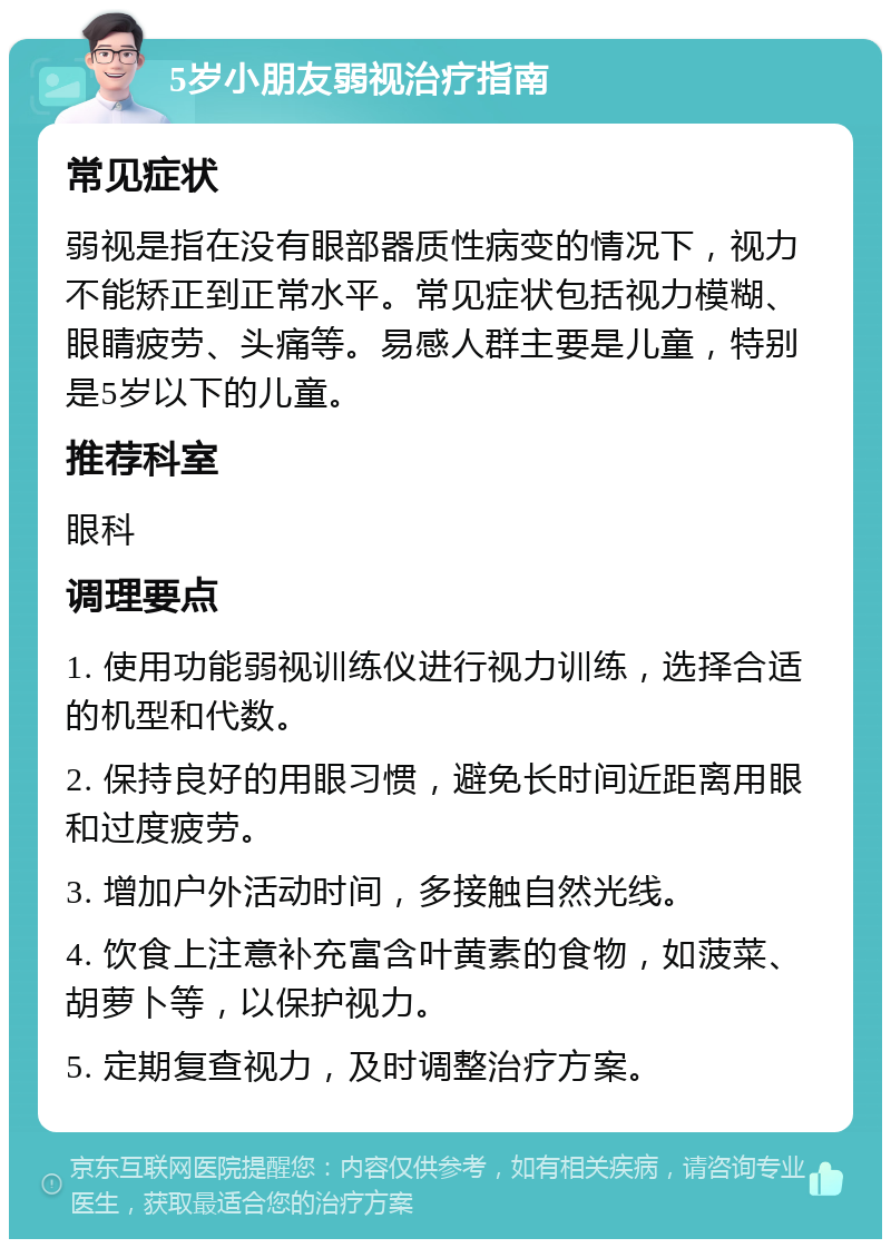 5岁小朋友弱视治疗指南 常见症状 弱视是指在没有眼部器质性病变的情况下，视力不能矫正到正常水平。常见症状包括视力模糊、眼睛疲劳、头痛等。易感人群主要是儿童，特别是5岁以下的儿童。 推荐科室 眼科 调理要点 1. 使用功能弱视训练仪进行视力训练，选择合适的机型和代数。 2. 保持良好的用眼习惯，避免长时间近距离用眼和过度疲劳。 3. 增加户外活动时间，多接触自然光线。 4. 饮食上注意补充富含叶黄素的食物，如菠菜、胡萝卜等，以保护视力。 5. 定期复查视力，及时调整治疗方案。