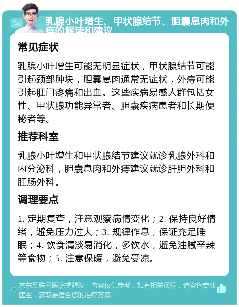 乳腺小叶增生、甲状腺结节、胆囊息肉和外痔的解读和建议 常见症状 乳腺小叶增生可能无明显症状，甲状腺结节可能引起颈部肿块，胆囊息肉通常无症状，外痔可能引起肛门疼痛和出血。这些疾病易感人群包括女性、甲状腺功能异常者、胆囊疾病患者和长期便秘者等。 推荐科室 乳腺小叶增生和甲状腺结节建议就诊乳腺外科和内分泌科，胆囊息肉和外痔建议就诊肝胆外科和肛肠外科。 调理要点 1. 定期复查，注意观察病情变化；2. 保持良好情绪，避免压力过大；3. 规律作息，保证充足睡眠；4. 饮食清淡易消化，多饮水，避免油腻辛辣等食物；5. 注意保暖，避免受凉。