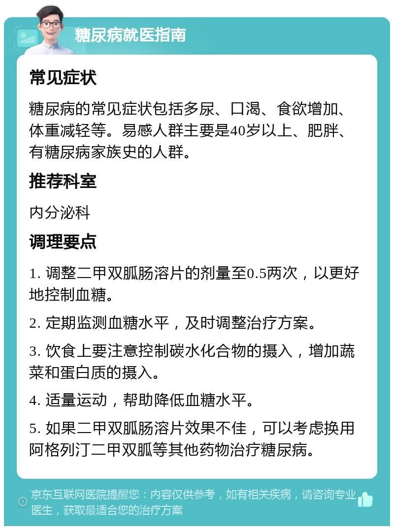 糖尿病就医指南 常见症状 糖尿病的常见症状包括多尿、口渴、食欲增加、体重减轻等。易感人群主要是40岁以上、肥胖、有糖尿病家族史的人群。 推荐科室 内分泌科 调理要点 1. 调整二甲双胍肠溶片的剂量至0.5两次，以更好地控制血糖。 2. 定期监测血糖水平，及时调整治疗方案。 3. 饮食上要注意控制碳水化合物的摄入，增加蔬菜和蛋白质的摄入。 4. 适量运动，帮助降低血糖水平。 5. 如果二甲双胍肠溶片效果不佳，可以考虑换用阿格列汀二甲双胍等其他药物治疗糖尿病。