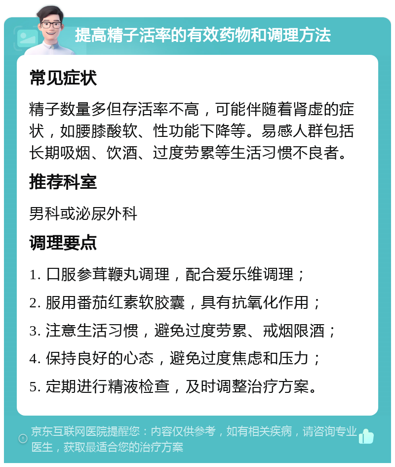 提高精子活率的有效药物和调理方法 常见症状 精子数量多但存活率不高，可能伴随着肾虚的症状，如腰膝酸软、性功能下降等。易感人群包括长期吸烟、饮酒、过度劳累等生活习惯不良者。 推荐科室 男科或泌尿外科 调理要点 1. 口服参茸鞭丸调理，配合爱乐维调理； 2. 服用番茄红素软胶囊，具有抗氧化作用； 3. 注意生活习惯，避免过度劳累、戒烟限酒； 4. 保持良好的心态，避免过度焦虑和压力； 5. 定期进行精液检查，及时调整治疗方案。