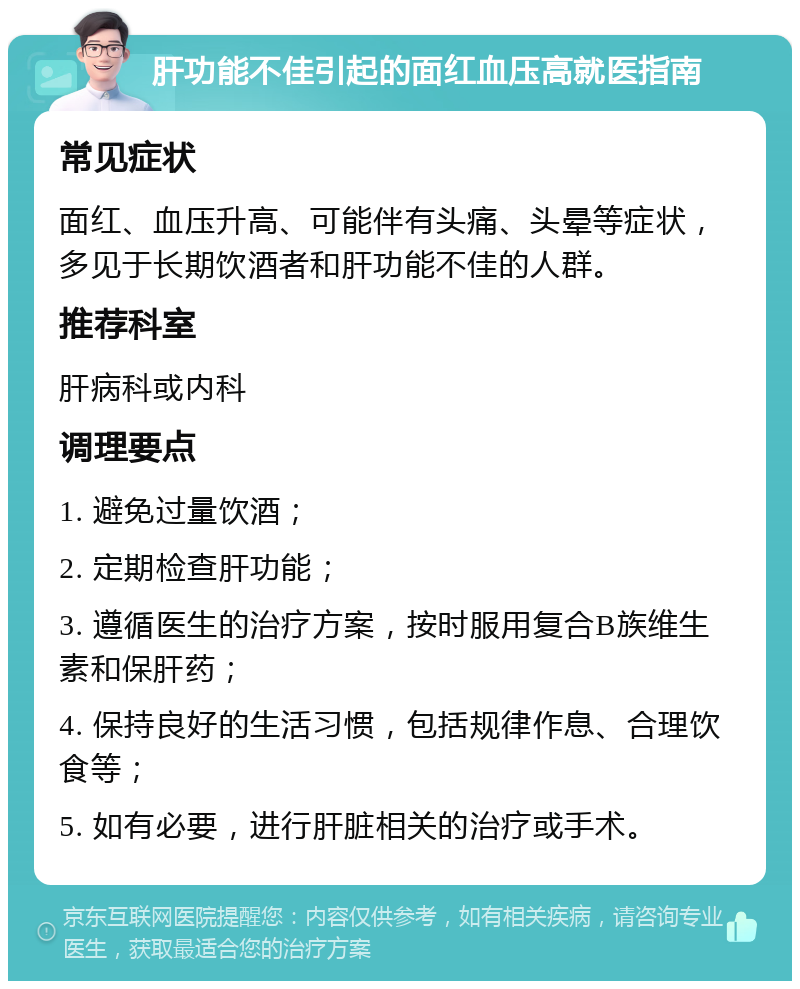 肝功能不佳引起的面红血压高就医指南 常见症状 面红、血压升高、可能伴有头痛、头晕等症状，多见于长期饮酒者和肝功能不佳的人群。 推荐科室 肝病科或内科 调理要点 1. 避免过量饮酒； 2. 定期检查肝功能； 3. 遵循医生的治疗方案，按时服用复合B族维生素和保肝药； 4. 保持良好的生活习惯，包括规律作息、合理饮食等； 5. 如有必要，进行肝脏相关的治疗或手术。