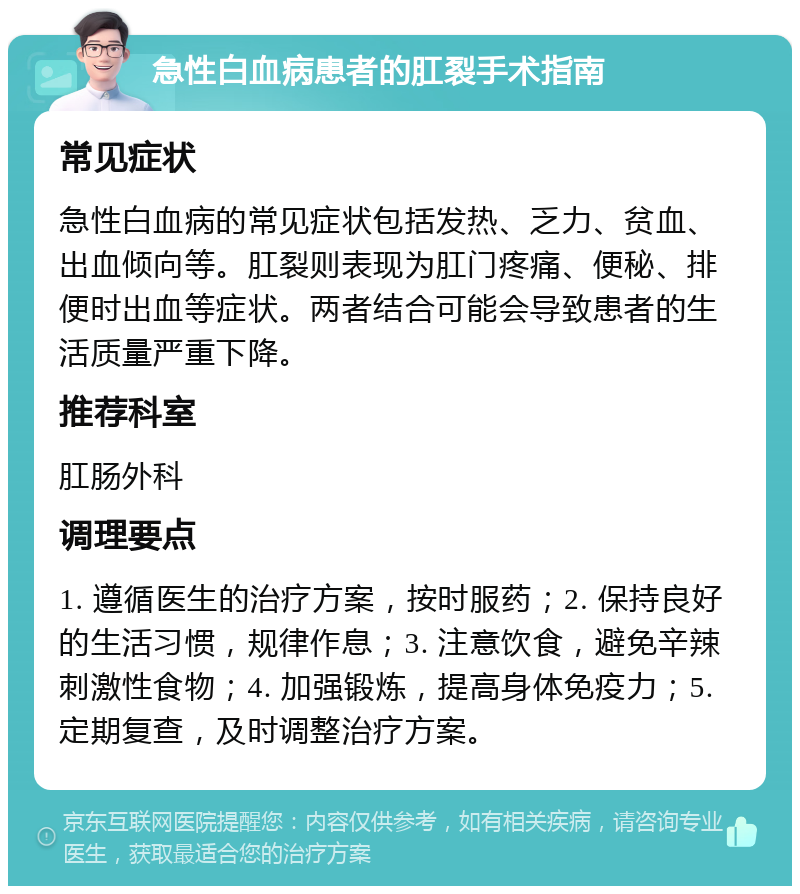 急性白血病患者的肛裂手术指南 常见症状 急性白血病的常见症状包括发热、乏力、贫血、出血倾向等。肛裂则表现为肛门疼痛、便秘、排便时出血等症状。两者结合可能会导致患者的生活质量严重下降。 推荐科室 肛肠外科 调理要点 1. 遵循医生的治疗方案，按时服药；2. 保持良好的生活习惯，规律作息；3. 注意饮食，避免辛辣刺激性食物；4. 加强锻炼，提高身体免疫力；5. 定期复查，及时调整治疗方案。