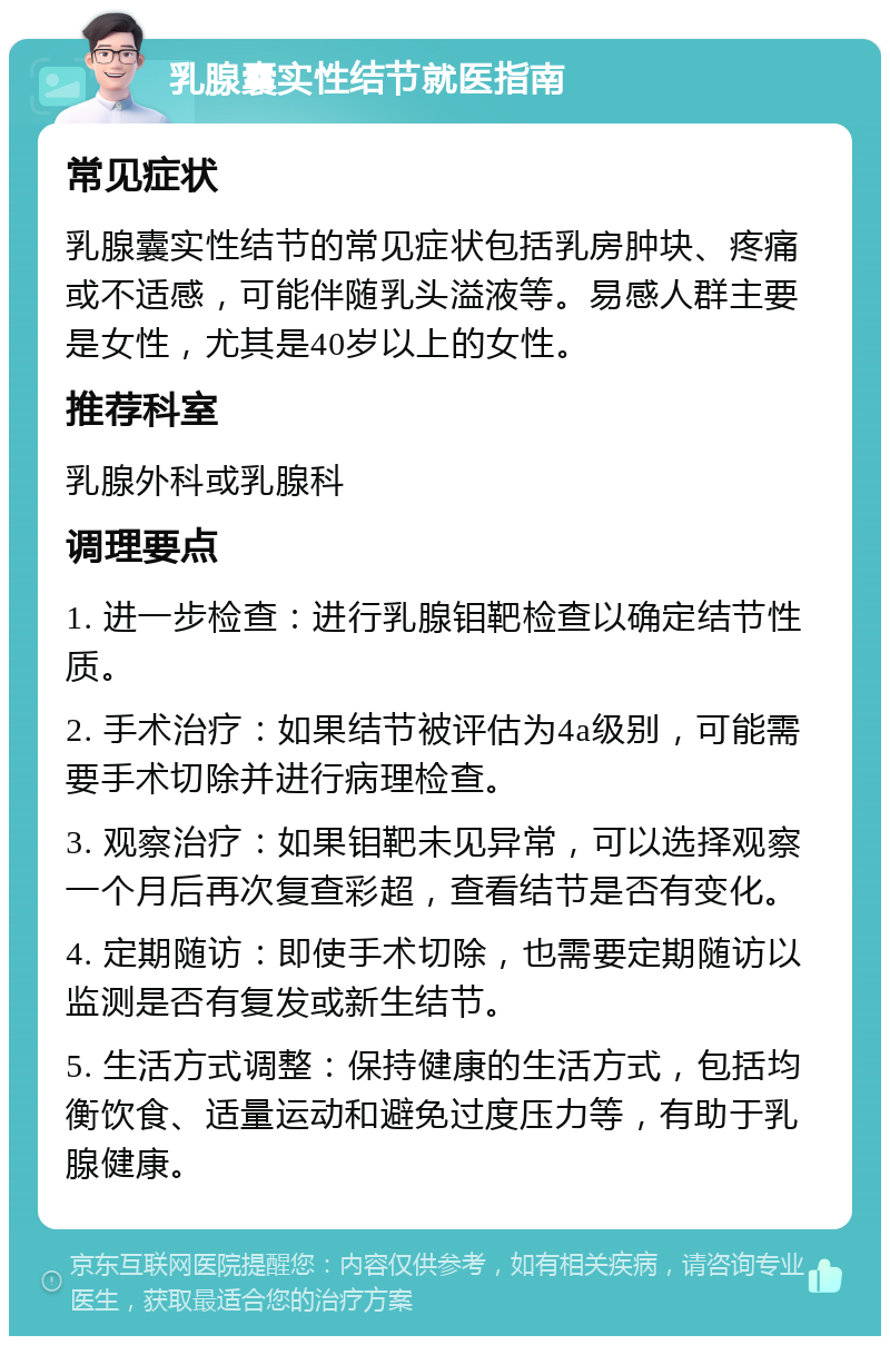 乳腺囊实性结节就医指南 常见症状 乳腺囊实性结节的常见症状包括乳房肿块、疼痛或不适感，可能伴随乳头溢液等。易感人群主要是女性，尤其是40岁以上的女性。 推荐科室 乳腺外科或乳腺科 调理要点 1. 进一步检查：进行乳腺钼靶检查以确定结节性质。 2. 手术治疗：如果结节被评估为4a级别，可能需要手术切除并进行病理检查。 3. 观察治疗：如果钼靶未见异常，可以选择观察一个月后再次复查彩超，查看结节是否有变化。 4. 定期随访：即使手术切除，也需要定期随访以监测是否有复发或新生结节。 5. 生活方式调整：保持健康的生活方式，包括均衡饮食、适量运动和避免过度压力等，有助于乳腺健康。