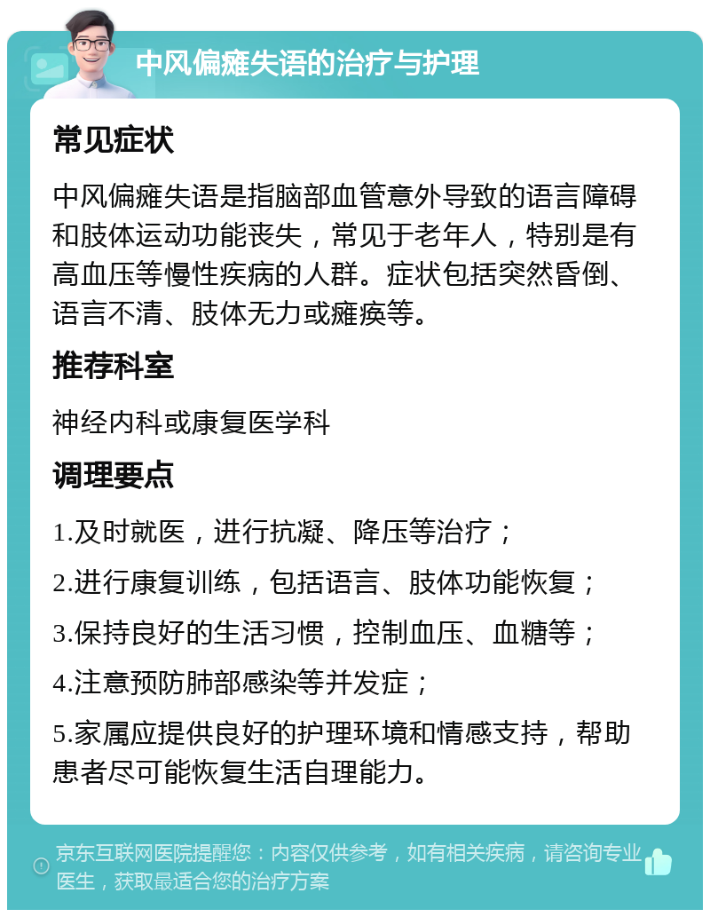 中风偏瘫失语的治疗与护理 常见症状 中风偏瘫失语是指脑部血管意外导致的语言障碍和肢体运动功能丧失，常见于老年人，特别是有高血压等慢性疾病的人群。症状包括突然昏倒、语言不清、肢体无力或瘫痪等。 推荐科室 神经内科或康复医学科 调理要点 1.及时就医，进行抗凝、降压等治疗； 2.进行康复训练，包括语言、肢体功能恢复； 3.保持良好的生活习惯，控制血压、血糖等； 4.注意预防肺部感染等并发症； 5.家属应提供良好的护理环境和情感支持，帮助患者尽可能恢复生活自理能力。