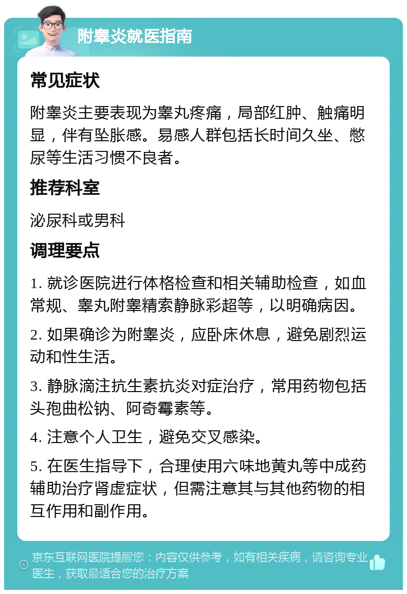 附睾炎就医指南 常见症状 附睾炎主要表现为睾丸疼痛，局部红肿、触痛明显，伴有坠胀感。易感人群包括长时间久坐、憋尿等生活习惯不良者。 推荐科室 泌尿科或男科 调理要点 1. 就诊医院进行体格检查和相关辅助检查，如血常规、睾丸附睾精索静脉彩超等，以明确病因。 2. 如果确诊为附睾炎，应卧床休息，避免剧烈运动和性生活。 3. 静脉滴注抗生素抗炎对症治疗，常用药物包括头孢曲松钠、阿奇霉素等。 4. 注意个人卫生，避免交叉感染。 5. 在医生指导下，合理使用六味地黄丸等中成药辅助治疗肾虚症状，但需注意其与其他药物的相互作用和副作用。