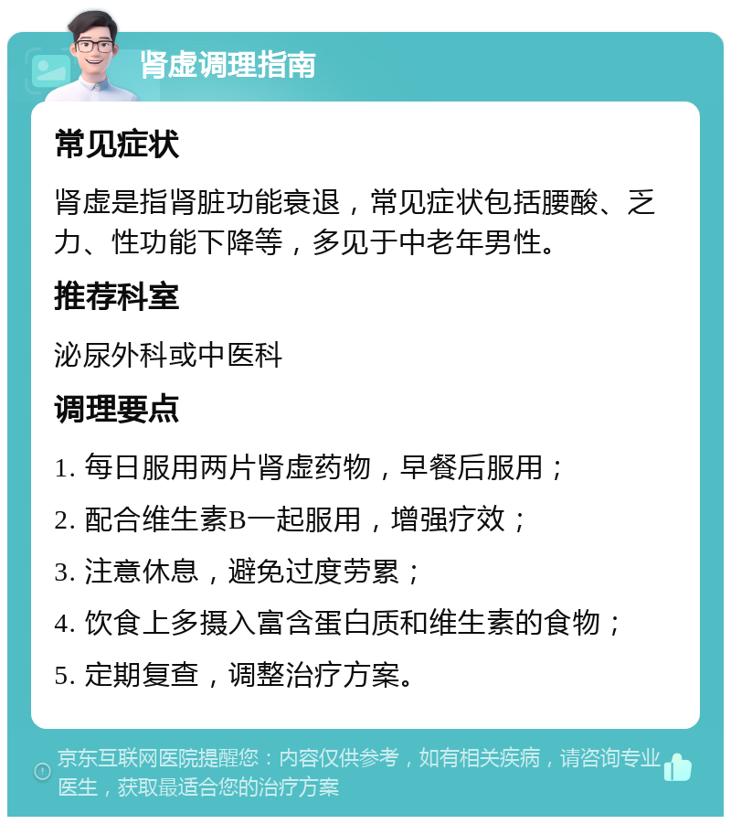 肾虚调理指南 常见症状 肾虚是指肾脏功能衰退，常见症状包括腰酸、乏力、性功能下降等，多见于中老年男性。 推荐科室 泌尿外科或中医科 调理要点 1. 每日服用两片肾虚药物，早餐后服用； 2. 配合维生素B一起服用，增强疗效； 3. 注意休息，避免过度劳累； 4. 饮食上多摄入富含蛋白质和维生素的食物； 5. 定期复查，调整治疗方案。