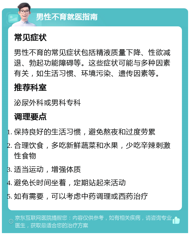 男性不育就医指南 常见症状 男性不育的常见症状包括精液质量下降、性欲减退、勃起功能障碍等。这些症状可能与多种因素有关，如生活习惯、环境污染、遗传因素等。 推荐科室 泌尿外科或男科专科 调理要点 保持良好的生活习惯，避免熬夜和过度劳累 合理饮食，多吃新鲜蔬菜和水果，少吃辛辣刺激性食物 适当运动，增强体质 避免长时间坐着，定期站起来活动 如有需要，可以考虑中药调理或西药治疗