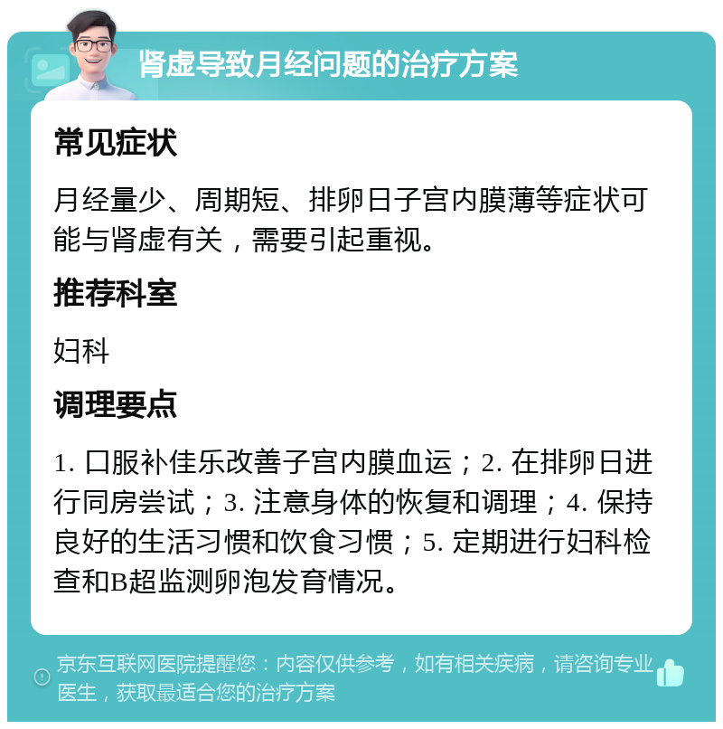 肾虚导致月经问题的治疗方案 常见症状 月经量少、周期短、排卵日子宫内膜薄等症状可能与肾虚有关，需要引起重视。 推荐科室 妇科 调理要点 1. 口服补佳乐改善子宫内膜血运；2. 在排卵日进行同房尝试；3. 注意身体的恢复和调理；4. 保持良好的生活习惯和饮食习惯；5. 定期进行妇科检查和B超监测卵泡发育情况。