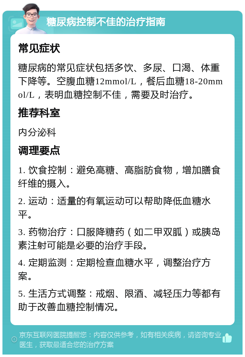 糖尿病控制不佳的治疗指南 常见症状 糖尿病的常见症状包括多饮、多尿、口渴、体重下降等。空腹血糖12mmol/L，餐后血糖18-20mmol/L，表明血糖控制不佳，需要及时治疗。 推荐科室 内分泌科 调理要点 1. 饮食控制：避免高糖、高脂肪食物，增加膳食纤维的摄入。 2. 运动：适量的有氧运动可以帮助降低血糖水平。 3. 药物治疗：口服降糖药（如二甲双胍）或胰岛素注射可能是必要的治疗手段。 4. 定期监测：定期检查血糖水平，调整治疗方案。 5. 生活方式调整：戒烟、限酒、减轻压力等都有助于改善血糖控制情况。