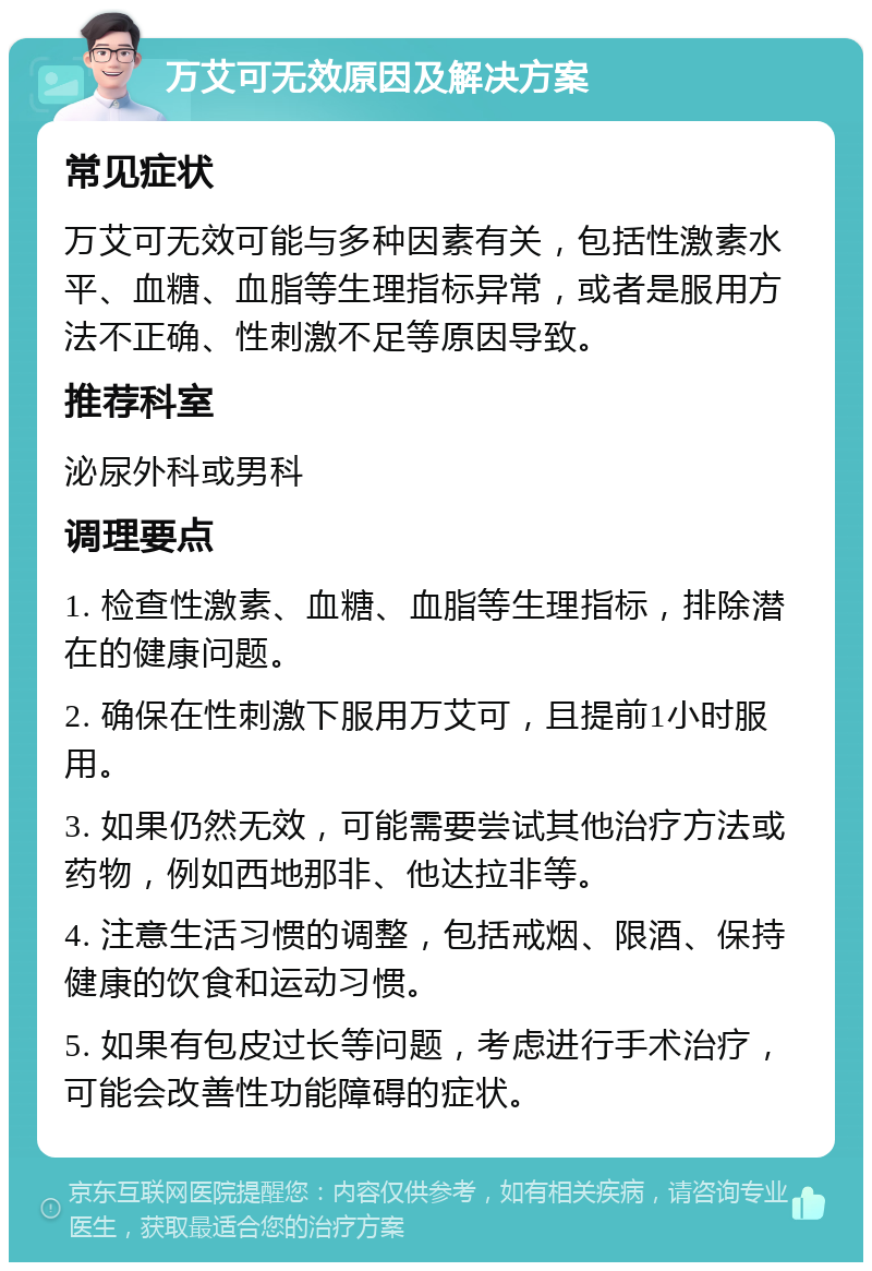 万艾可无效原因及解决方案 常见症状 万艾可无效可能与多种因素有关，包括性激素水平、血糖、血脂等生理指标异常，或者是服用方法不正确、性刺激不足等原因导致。 推荐科室 泌尿外科或男科 调理要点 1. 检查性激素、血糖、血脂等生理指标，排除潜在的健康问题。 2. 确保在性刺激下服用万艾可，且提前1小时服用。 3. 如果仍然无效，可能需要尝试其他治疗方法或药物，例如西地那非、他达拉非等。 4. 注意生活习惯的调整，包括戒烟、限酒、保持健康的饮食和运动习惯。 5. 如果有包皮过长等问题，考虑进行手术治疗，可能会改善性功能障碍的症状。