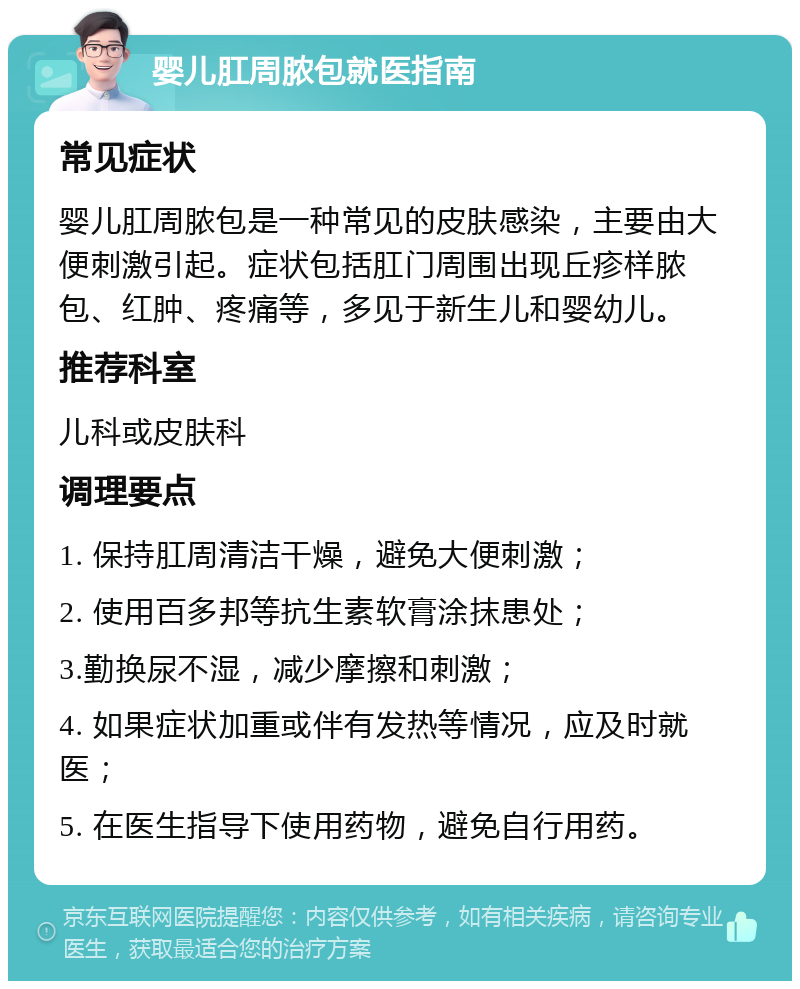 婴儿肛周脓包就医指南 常见症状 婴儿肛周脓包是一种常见的皮肤感染，主要由大便刺激引起。症状包括肛门周围出现丘疹样脓包、红肿、疼痛等，多见于新生儿和婴幼儿。 推荐科室 儿科或皮肤科 调理要点 1. 保持肛周清洁干燥，避免大便刺激； 2. 使用百多邦等抗生素软膏涂抹患处； 3.勤换尿不湿，减少摩擦和刺激； 4. 如果症状加重或伴有发热等情况，应及时就医； 5. 在医生指导下使用药物，避免自行用药。