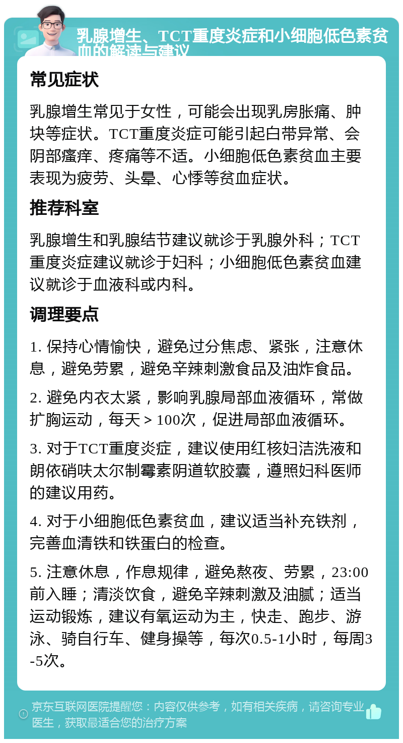 乳腺增生、TCT重度炎症和小细胞低色素贫血的解读与建议 常见症状 乳腺增生常见于女性，可能会出现乳房胀痛、肿块等症状。TCT重度炎症可能引起白带异常、会阴部瘙痒、疼痛等不适。小细胞低色素贫血主要表现为疲劳、头晕、心悸等贫血症状。 推荐科室 乳腺增生和乳腺结节建议就诊于乳腺外科；TCT重度炎症建议就诊于妇科；小细胞低色素贫血建议就诊于血液科或内科。 调理要点 1. 保持心情愉快，避免过分焦虑、紧张，注意休息，避免劳累，避免辛辣刺激食品及油炸食品。 2. 避免内衣太紧，影响乳腺局部血液循环，常做扩胸运动，每天＞100次，促进局部血液循环。 3. 对于TCT重度炎症，建议使用红核妇洁洗液和朗依硝呋太尔制霉素阴道软胶囊，遵照妇科医师的建议用药。 4. 对于小细胞低色素贫血，建议适当补充铁剂，完善血清铁和铁蛋白的检查。 5. 注意休息，作息规律，避免熬夜、劳累，23:00前入睡；清淡饮食，避免辛辣刺激及油腻；适当运动锻炼，建议有氧运动为主，快走、跑步、游泳、骑自行车、健身操等，每次0.5-1小时，每周3-5次。