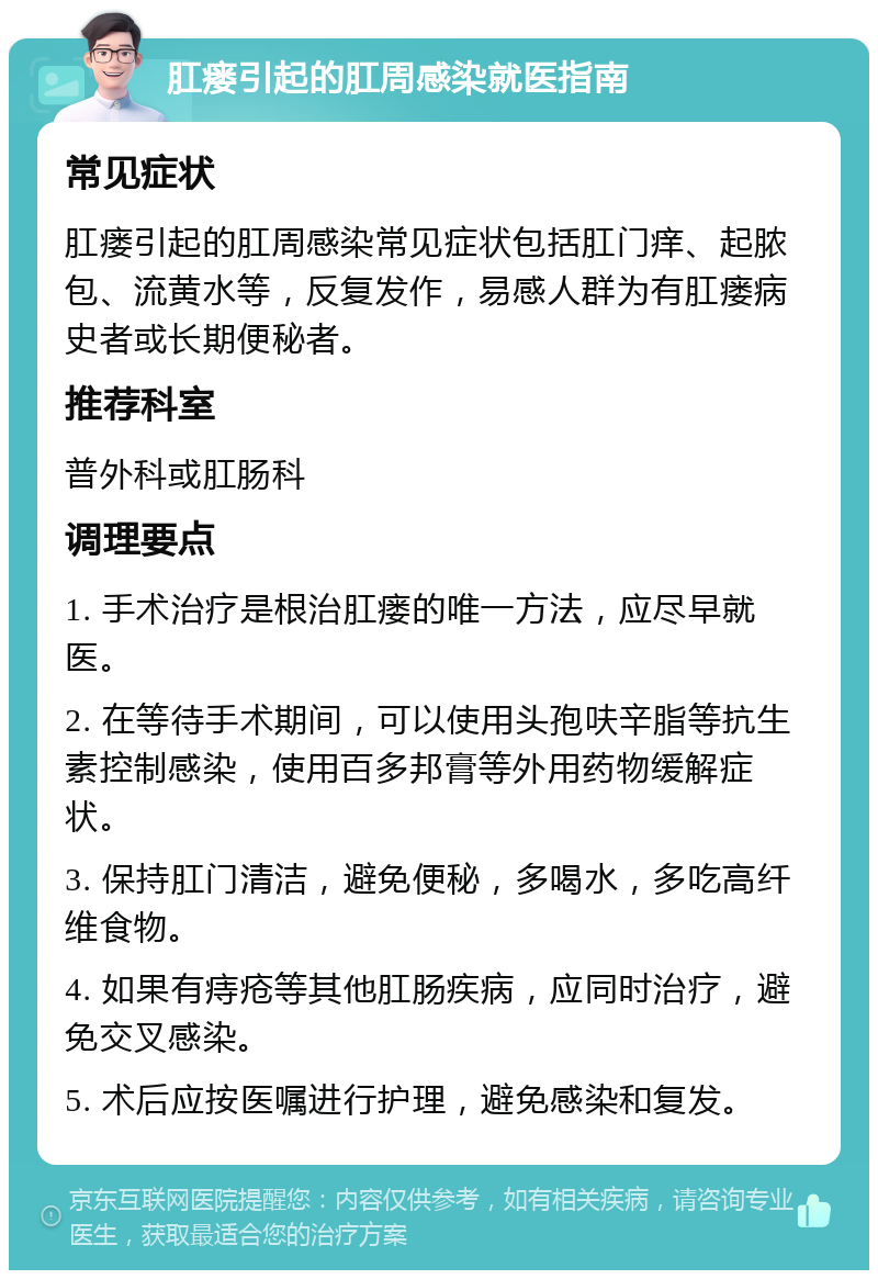 肛瘘引起的肛周感染就医指南 常见症状 肛瘘引起的肛周感染常见症状包括肛门痒、起脓包、流黄水等，反复发作，易感人群为有肛瘘病史者或长期便秘者。 推荐科室 普外科或肛肠科 调理要点 1. 手术治疗是根治肛瘘的唯一方法，应尽早就医。 2. 在等待手术期间，可以使用头孢呋辛脂等抗生素控制感染，使用百多邦膏等外用药物缓解症状。 3. 保持肛门清洁，避免便秘，多喝水，多吃高纤维食物。 4. 如果有痔疮等其他肛肠疾病，应同时治疗，避免交叉感染。 5. 术后应按医嘱进行护理，避免感染和复发。