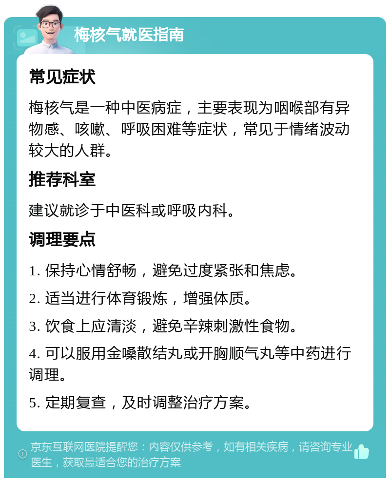 梅核气就医指南 常见症状 梅核气是一种中医病症，主要表现为咽喉部有异物感、咳嗽、呼吸困难等症状，常见于情绪波动较大的人群。 推荐科室 建议就诊于中医科或呼吸内科。 调理要点 1. 保持心情舒畅，避免过度紧张和焦虑。 2. 适当进行体育锻炼，增强体质。 3. 饮食上应清淡，避免辛辣刺激性食物。 4. 可以服用金嗓散结丸或开胸顺气丸等中药进行调理。 5. 定期复查，及时调整治疗方案。