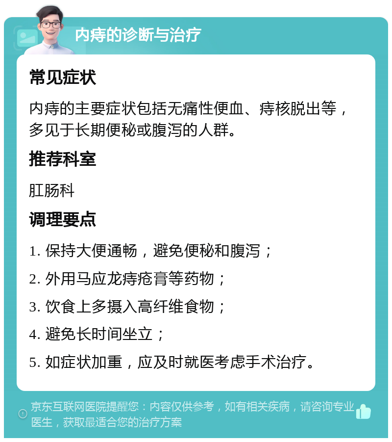 内痔的诊断与治疗 常见症状 内痔的主要症状包括无痛性便血、痔核脱出等，多见于长期便秘或腹泻的人群。 推荐科室 肛肠科 调理要点 1. 保持大便通畅，避免便秘和腹泻； 2. 外用马应龙痔疮膏等药物； 3. 饮食上多摄入高纤维食物； 4. 避免长时间坐立； 5. 如症状加重，应及时就医考虑手术治疗。