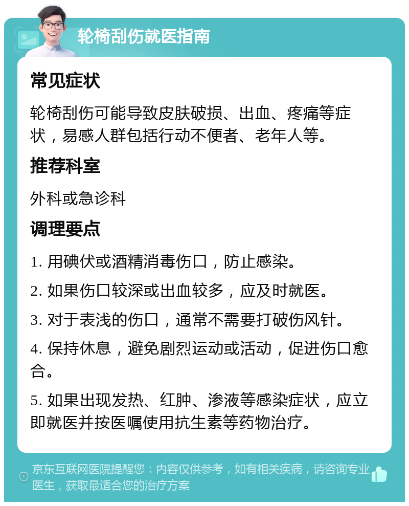 轮椅刮伤就医指南 常见症状 轮椅刮伤可能导致皮肤破损、出血、疼痛等症状，易感人群包括行动不便者、老年人等。 推荐科室 外科或急诊科 调理要点 1. 用碘伏或酒精消毒伤口，防止感染。 2. 如果伤口较深或出血较多，应及时就医。 3. 对于表浅的伤口，通常不需要打破伤风针。 4. 保持休息，避免剧烈运动或活动，促进伤口愈合。 5. 如果出现发热、红肿、渗液等感染症状，应立即就医并按医嘱使用抗生素等药物治疗。