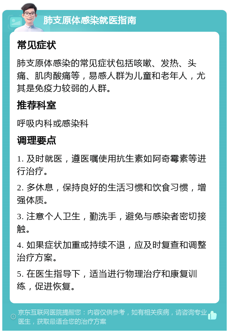 肺支原体感染就医指南 常见症状 肺支原体感染的常见症状包括咳嗽、发热、头痛、肌肉酸痛等，易感人群为儿童和老年人，尤其是免疫力较弱的人群。 推荐科室 呼吸内科或感染科 调理要点 1. 及时就医，遵医嘱使用抗生素如阿奇霉素等进行治疗。 2. 多休息，保持良好的生活习惯和饮食习惯，增强体质。 3. 注意个人卫生，勤洗手，避免与感染者密切接触。 4. 如果症状加重或持续不退，应及时复查和调整治疗方案。 5. 在医生指导下，适当进行物理治疗和康复训练，促进恢复。