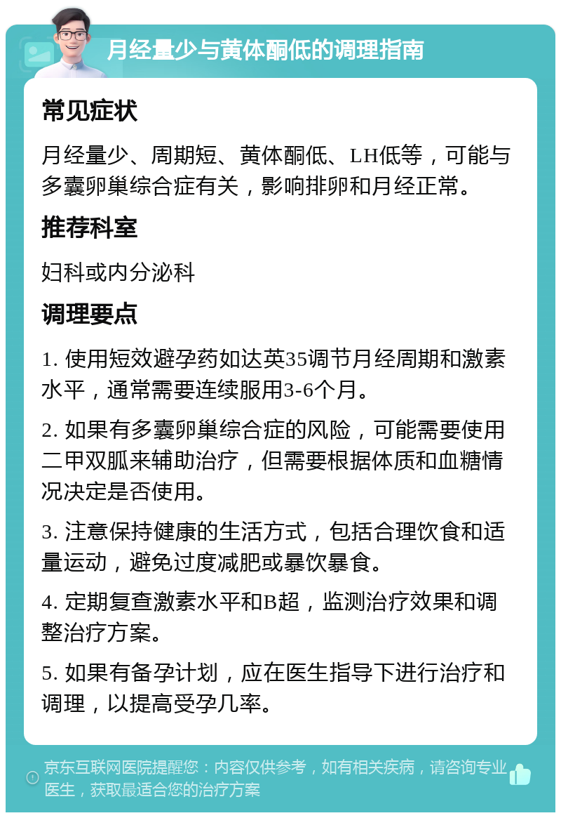 月经量少与黄体酮低的调理指南 常见症状 月经量少、周期短、黄体酮低、LH低等，可能与多囊卵巢综合症有关，影响排卵和月经正常。 推荐科室 妇科或内分泌科 调理要点 1. 使用短效避孕药如达英35调节月经周期和激素水平，通常需要连续服用3-6个月。 2. 如果有多囊卵巢综合症的风险，可能需要使用二甲双胍来辅助治疗，但需要根据体质和血糖情况决定是否使用。 3. 注意保持健康的生活方式，包括合理饮食和适量运动，避免过度减肥或暴饮暴食。 4. 定期复查激素水平和B超，监测治疗效果和调整治疗方案。 5. 如果有备孕计划，应在医生指导下进行治疗和调理，以提高受孕几率。