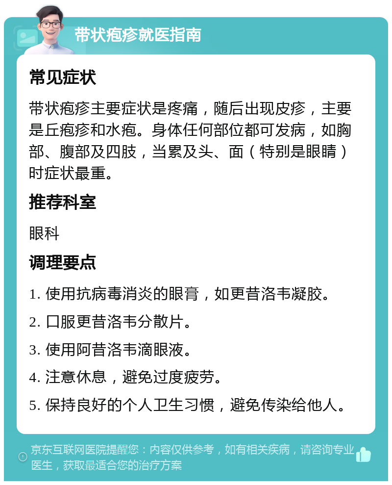 带状疱疹就医指南 常见症状 带状疱疹主要症状是疼痛，随后出现皮疹，主要是丘疱疹和水疱。身体任何部位都可发病，如胸部、腹部及四肢，当累及头、面（特别是眼睛）时症状最重。 推荐科室 眼科 调理要点 1. 使用抗病毒消炎的眼膏，如更昔洛韦凝胶。 2. 口服更昔洛韦分散片。 3. 使用阿昔洛韦滴眼液。 4. 注意休息，避免过度疲劳。 5. 保持良好的个人卫生习惯，避免传染给他人。