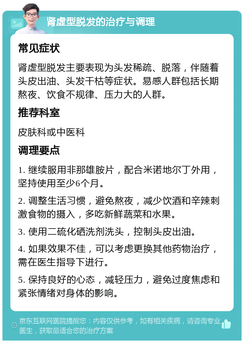 肾虚型脱发的治疗与调理 常见症状 肾虚型脱发主要表现为头发稀疏、脱落，伴随着头皮出油、头发干枯等症状。易感人群包括长期熬夜、饮食不规律、压力大的人群。 推荐科室 皮肤科或中医科 调理要点 1. 继续服用非那雄胺片，配合米诺地尔丁外用，坚持使用至少6个月。 2. 调整生活习惯，避免熬夜，减少饮酒和辛辣刺激食物的摄入，多吃新鲜蔬菜和水果。 3. 使用二硫化硒洗剂洗头，控制头皮出油。 4. 如果效果不佳，可以考虑更换其他药物治疗，需在医生指导下进行。 5. 保持良好的心态，减轻压力，避免过度焦虑和紧张情绪对身体的影响。