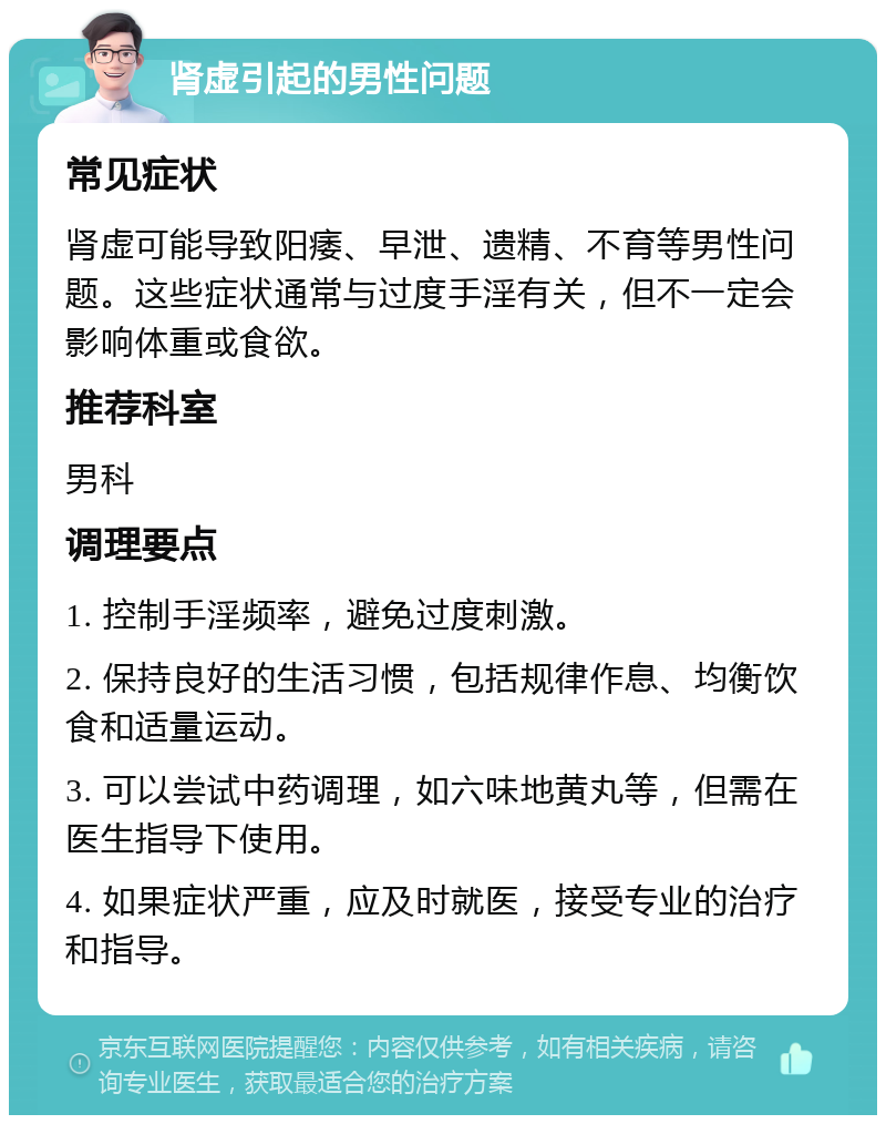 肾虚引起的男性问题 常见症状 肾虚可能导致阳痿、早泄、遗精、不育等男性问题。这些症状通常与过度手淫有关，但不一定会影响体重或食欲。 推荐科室 男科 调理要点 1. 控制手淫频率，避免过度刺激。 2. 保持良好的生活习惯，包括规律作息、均衡饮食和适量运动。 3. 可以尝试中药调理，如六味地黄丸等，但需在医生指导下使用。 4. 如果症状严重，应及时就医，接受专业的治疗和指导。