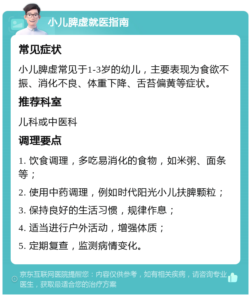 小儿脾虚就医指南 常见症状 小儿脾虚常见于1-3岁的幼儿，主要表现为食欲不振、消化不良、体重下降、舌苔偏黄等症状。 推荐科室 儿科或中医科 调理要点 1. 饮食调理，多吃易消化的食物，如米粥、面条等； 2. 使用中药调理，例如时代阳光小儿扶脾颗粒； 3. 保持良好的生活习惯，规律作息； 4. 适当进行户外活动，增强体质； 5. 定期复查，监测病情变化。