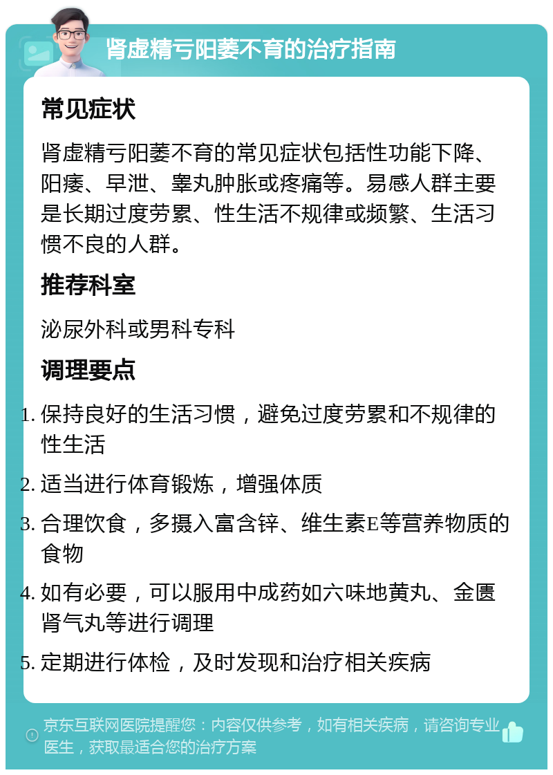 肾虚精亏阳萎不育的治疗指南 常见症状 肾虚精亏阳萎不育的常见症状包括性功能下降、阳痿、早泄、睾丸肿胀或疼痛等。易感人群主要是长期过度劳累、性生活不规律或频繁、生活习惯不良的人群。 推荐科室 泌尿外科或男科专科 调理要点 保持良好的生活习惯，避免过度劳累和不规律的性生活 适当进行体育锻炼，增强体质 合理饮食，多摄入富含锌、维生素E等营养物质的食物 如有必要，可以服用中成药如六味地黄丸、金匮肾气丸等进行调理 定期进行体检，及时发现和治疗相关疾病