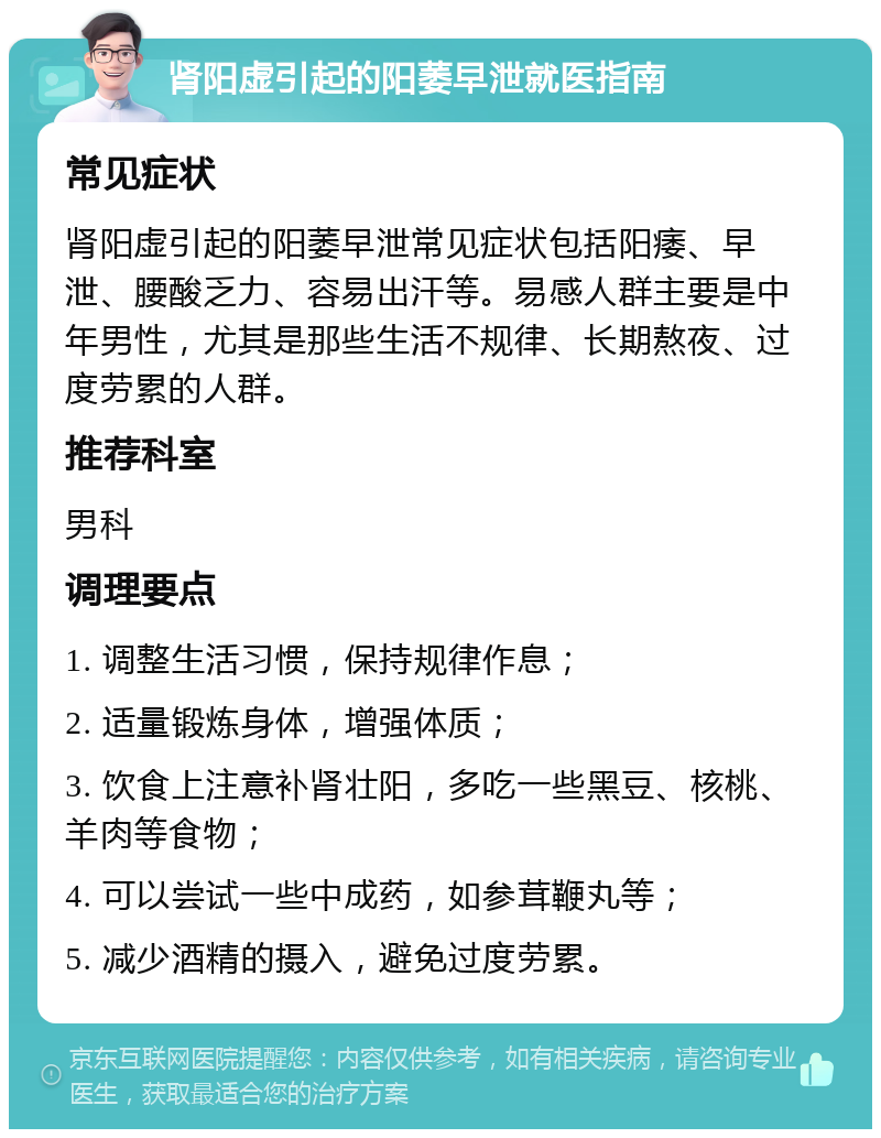 肾阳虚引起的阳萎早泄就医指南 常见症状 肾阳虚引起的阳萎早泄常见症状包括阳痿、早泄、腰酸乏力、容易出汗等。易感人群主要是中年男性，尤其是那些生活不规律、长期熬夜、过度劳累的人群。 推荐科室 男科 调理要点 1. 调整生活习惯，保持规律作息； 2. 适量锻炼身体，增强体质； 3. 饮食上注意补肾壮阳，多吃一些黑豆、核桃、羊肉等食物； 4. 可以尝试一些中成药，如参茸鞭丸等； 5. 减少酒精的摄入，避免过度劳累。