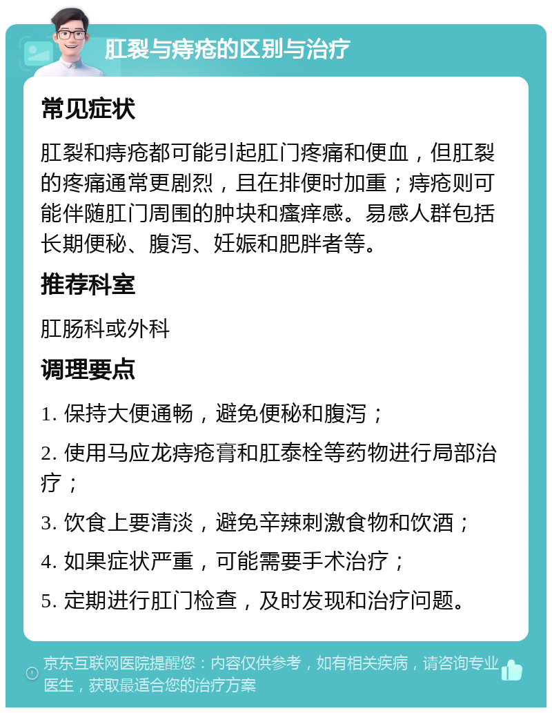 肛裂与痔疮的区别与治疗 常见症状 肛裂和痔疮都可能引起肛门疼痛和便血，但肛裂的疼痛通常更剧烈，且在排便时加重；痔疮则可能伴随肛门周围的肿块和瘙痒感。易感人群包括长期便秘、腹泻、妊娠和肥胖者等。 推荐科室 肛肠科或外科 调理要点 1. 保持大便通畅，避免便秘和腹泻； 2. 使用马应龙痔疮膏和肛泰栓等药物进行局部治疗； 3. 饮食上要清淡，避免辛辣刺激食物和饮酒； 4. 如果症状严重，可能需要手术治疗； 5. 定期进行肛门检查，及时发现和治疗问题。