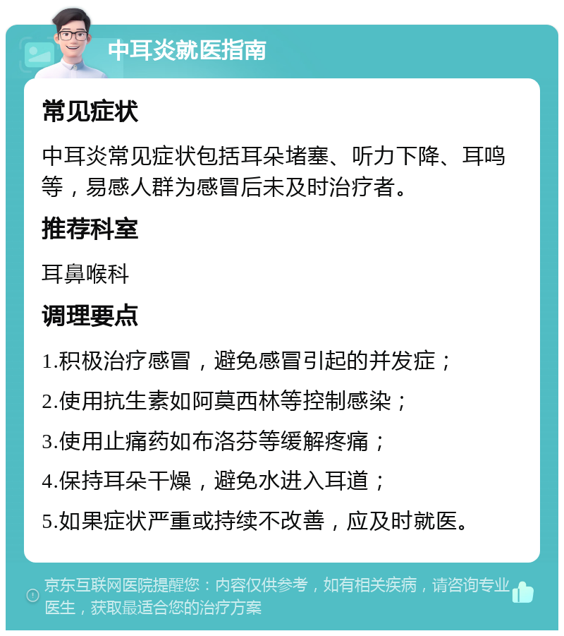 中耳炎就医指南 常见症状 中耳炎常见症状包括耳朵堵塞、听力下降、耳鸣等，易感人群为感冒后未及时治疗者。 推荐科室 耳鼻喉科 调理要点 1.积极治疗感冒，避免感冒引起的并发症； 2.使用抗生素如阿莫西林等控制感染； 3.使用止痛药如布洛芬等缓解疼痛； 4.保持耳朵干燥，避免水进入耳道； 5.如果症状严重或持续不改善，应及时就医。