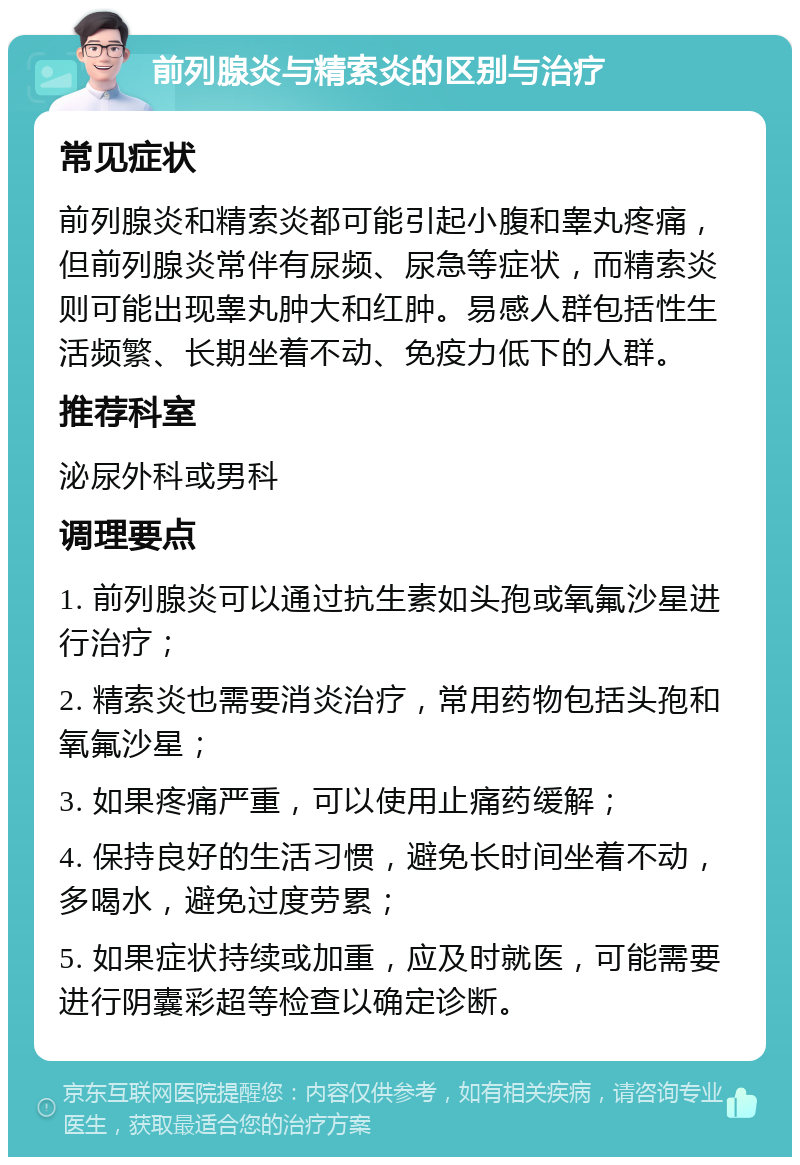 前列腺炎与精索炎的区别与治疗 常见症状 前列腺炎和精索炎都可能引起小腹和睾丸疼痛，但前列腺炎常伴有尿频、尿急等症状，而精索炎则可能出现睾丸肿大和红肿。易感人群包括性生活频繁、长期坐着不动、免疫力低下的人群。 推荐科室 泌尿外科或男科 调理要点 1. 前列腺炎可以通过抗生素如头孢或氧氟沙星进行治疗； 2. 精索炎也需要消炎治疗，常用药物包括头孢和氧氟沙星； 3. 如果疼痛严重，可以使用止痛药缓解； 4. 保持良好的生活习惯，避免长时间坐着不动，多喝水，避免过度劳累； 5. 如果症状持续或加重，应及时就医，可能需要进行阴囊彩超等检查以确定诊断。