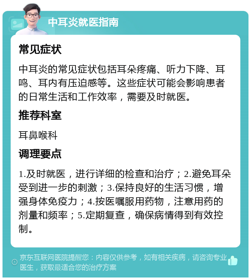 中耳炎就医指南 常见症状 中耳炎的常见症状包括耳朵疼痛、听力下降、耳鸣、耳内有压迫感等。这些症状可能会影响患者的日常生活和工作效率，需要及时就医。 推荐科室 耳鼻喉科 调理要点 1.及时就医，进行详细的检查和治疗；2.避免耳朵受到进一步的刺激；3.保持良好的生活习惯，增强身体免疫力；4.按医嘱服用药物，注意用药的剂量和频率；5.定期复查，确保病情得到有效控制。