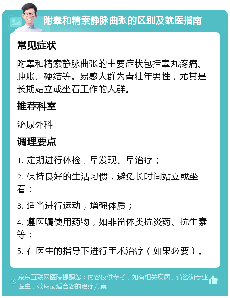 附睾和精索静脉曲张的区别及就医指南 常见症状 附睾和精索静脉曲张的主要症状包括睾丸疼痛、肿胀、硬结等。易感人群为青壮年男性，尤其是长期站立或坐着工作的人群。 推荐科室 泌尿外科 调理要点 1. 定期进行体检，早发现、早治疗； 2. 保持良好的生活习惯，避免长时间站立或坐着； 3. 适当进行运动，增强体质； 4. 遵医嘱使用药物，如非甾体类抗炎药、抗生素等； 5. 在医生的指导下进行手术治疗（如果必要）。