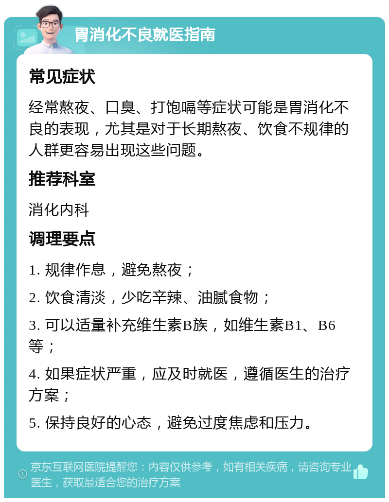 胃消化不良就医指南 常见症状 经常熬夜、口臭、打饱嗝等症状可能是胃消化不良的表现，尤其是对于长期熬夜、饮食不规律的人群更容易出现这些问题。 推荐科室 消化内科 调理要点 1. 规律作息，避免熬夜； 2. 饮食清淡，少吃辛辣、油腻食物； 3. 可以适量补充维生素B族，如维生素B1、B6等； 4. 如果症状严重，应及时就医，遵循医生的治疗方案； 5. 保持良好的心态，避免过度焦虑和压力。