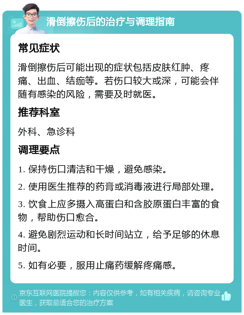 滑倒擦伤后的治疗与调理指南 常见症状 滑倒擦伤后可能出现的症状包括皮肤红肿、疼痛、出血、结痂等。若伤口较大或深，可能会伴随有感染的风险，需要及时就医。 推荐科室 外科、急诊科 调理要点 1. 保持伤口清洁和干燥，避免感染。 2. 使用医生推荐的药膏或消毒液进行局部处理。 3. 饮食上应多摄入高蛋白和含胶原蛋白丰富的食物，帮助伤口愈合。 4. 避免剧烈运动和长时间站立，给予足够的休息时间。 5. 如有必要，服用止痛药缓解疼痛感。