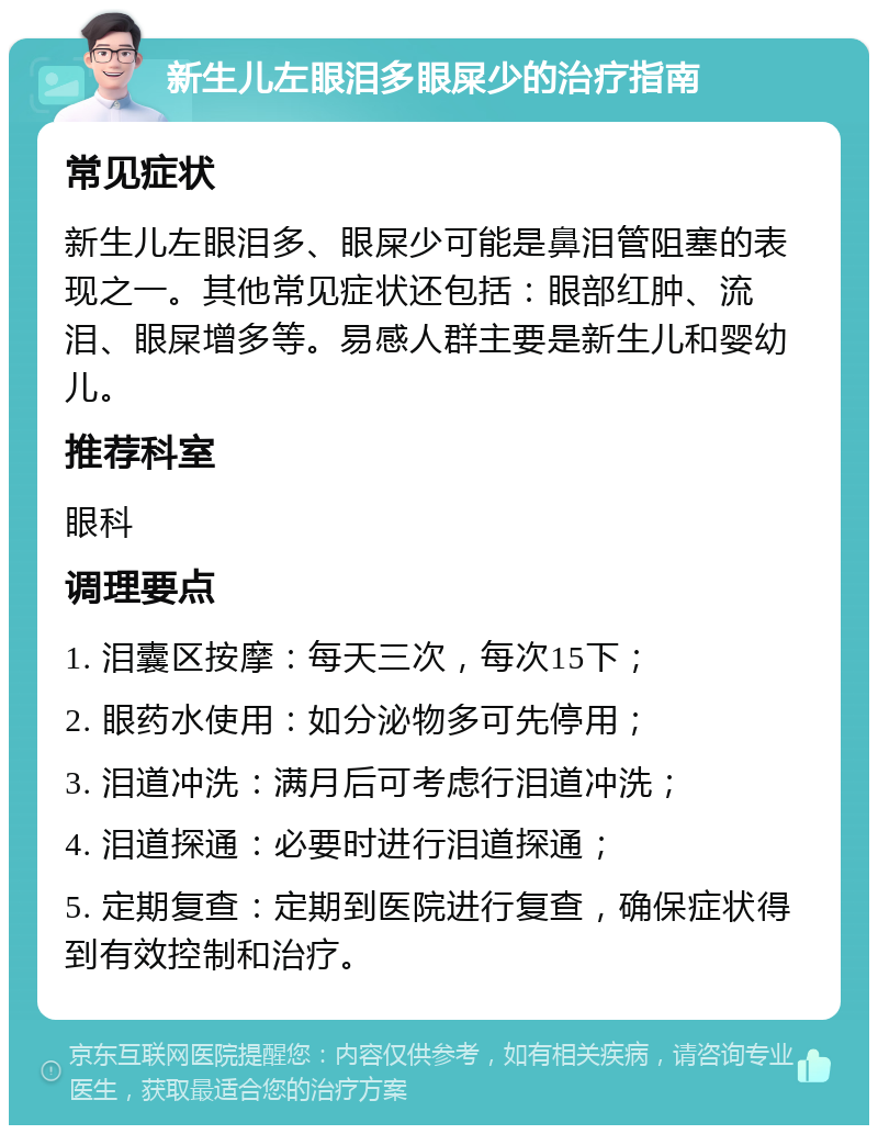 新生儿左眼泪多眼屎少的治疗指南 常见症状 新生儿左眼泪多、眼屎少可能是鼻泪管阻塞的表现之一。其他常见症状还包括：眼部红肿、流泪、眼屎增多等。易感人群主要是新生儿和婴幼儿。 推荐科室 眼科 调理要点 1. 泪囊区按摩：每天三次，每次15下； 2. 眼药水使用：如分泌物多可先停用； 3. 泪道冲洗：满月后可考虑行泪道冲洗； 4. 泪道探通：必要时进行泪道探通； 5. 定期复查：定期到医院进行复查，确保症状得到有效控制和治疗。