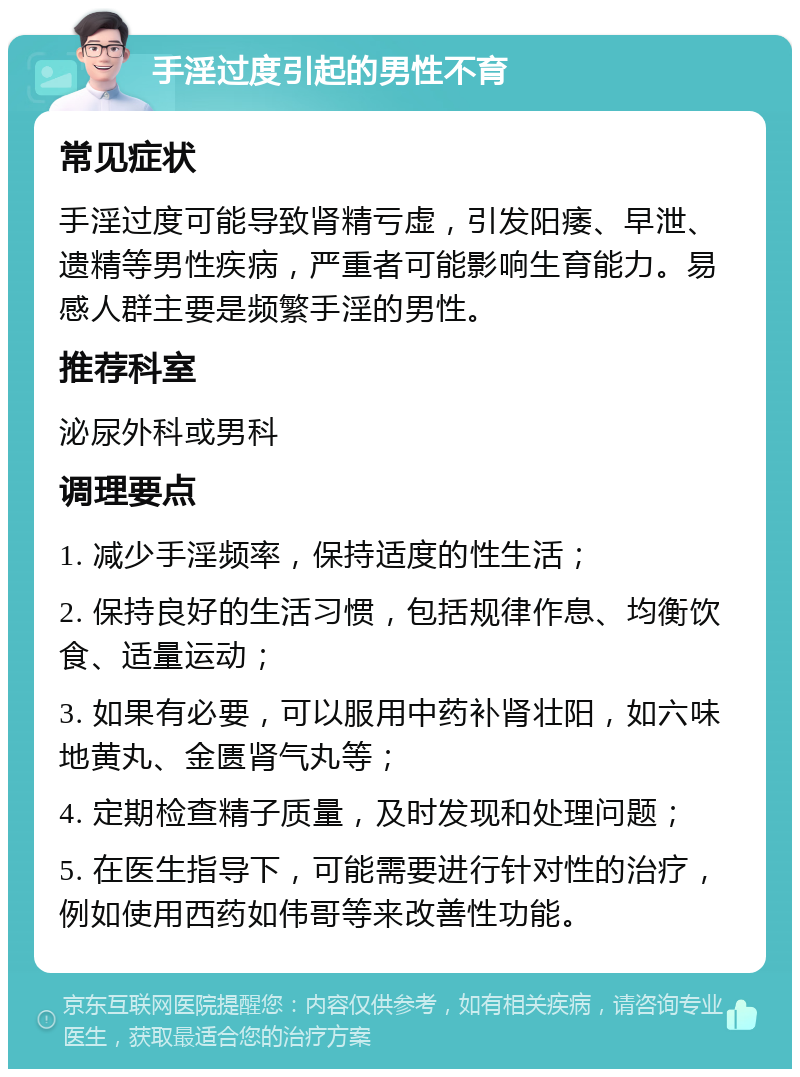 手淫过度引起的男性不育 常见症状 手淫过度可能导致肾精亏虚，引发阳痿、早泄、遗精等男性疾病，严重者可能影响生育能力。易感人群主要是频繁手淫的男性。 推荐科室 泌尿外科或男科 调理要点 1. 减少手淫频率，保持适度的性生活； 2. 保持良好的生活习惯，包括规律作息、均衡饮食、适量运动； 3. 如果有必要，可以服用中药补肾壮阳，如六味地黄丸、金匮肾气丸等； 4. 定期检查精子质量，及时发现和处理问题； 5. 在医生指导下，可能需要进行针对性的治疗，例如使用西药如伟哥等来改善性功能。