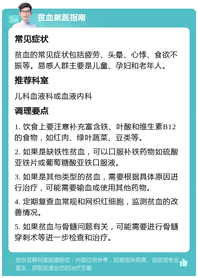 贫血就医指南 常见症状 贫血的常见症状包括疲劳、头晕、心悸、食欲不振等。易感人群主要是儿童、孕妇和老年人。 推荐科室 儿科血液科或血液内科 调理要点 1. 饮食上要注意补充富含铁、叶酸和维生素B12的食物，如红肉、绿叶蔬菜、豆类等。 2. 如果是缺铁性贫血，可以口服补铁药物如硫酸亚铁片或葡萄糖酸亚铁口服液。 3. 如果是其他类型的贫血，需要根据具体原因进行治疗，可能需要输血或使用其他药物。 4. 定期复查血常规和网织红细胞，监测贫血的改善情况。 5. 如果贫血与骨髓问题有关，可能需要进行骨髓穿刺术等进一步检查和治疗。