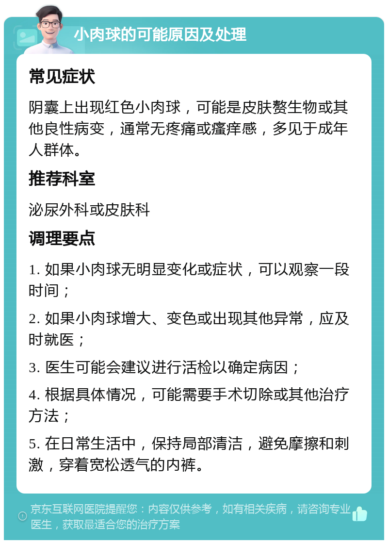 小肉球的可能原因及处理 常见症状 阴囊上出现红色小肉球，可能是皮肤赘生物或其他良性病变，通常无疼痛或瘙痒感，多见于成年人群体。 推荐科室 泌尿外科或皮肤科 调理要点 1. 如果小肉球无明显变化或症状，可以观察一段时间； 2. 如果小肉球增大、变色或出现其他异常，应及时就医； 3. 医生可能会建议进行活检以确定病因； 4. 根据具体情况，可能需要手术切除或其他治疗方法； 5. 在日常生活中，保持局部清洁，避免摩擦和刺激，穿着宽松透气的内裤。