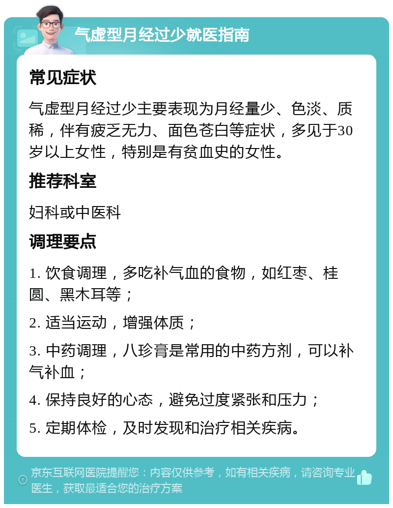 气虚型月经过少就医指南 常见症状 气虚型月经过少主要表现为月经量少、色淡、质稀，伴有疲乏无力、面色苍白等症状，多见于30岁以上女性，特别是有贫血史的女性。 推荐科室 妇科或中医科 调理要点 1. 饮食调理，多吃补气血的食物，如红枣、桂圆、黑木耳等； 2. 适当运动，增强体质； 3. 中药调理，八珍膏是常用的中药方剂，可以补气补血； 4. 保持良好的心态，避免过度紧张和压力； 5. 定期体检，及时发现和治疗相关疾病。