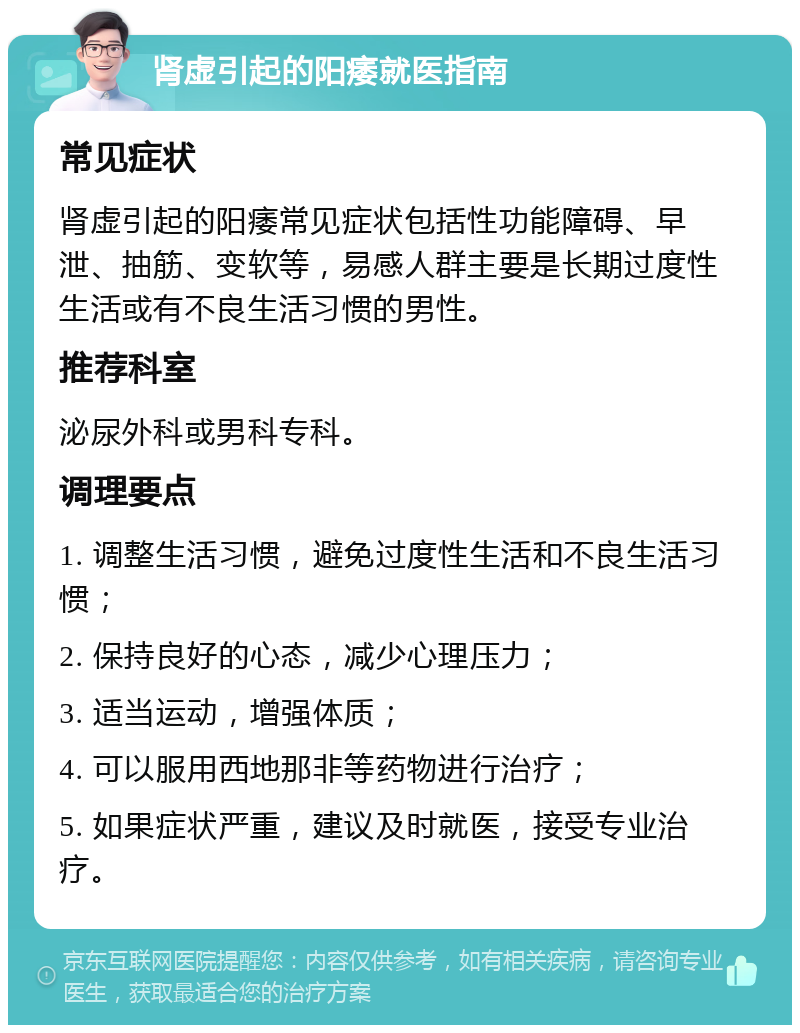 肾虚引起的阳痿就医指南 常见症状 肾虚引起的阳痿常见症状包括性功能障碍、早泄、抽筋、变软等，易感人群主要是长期过度性生活或有不良生活习惯的男性。 推荐科室 泌尿外科或男科专科。 调理要点 1. 调整生活习惯，避免过度性生活和不良生活习惯； 2. 保持良好的心态，减少心理压力； 3. 适当运动，增强体质； 4. 可以服用西地那非等药物进行治疗； 5. 如果症状严重，建议及时就医，接受专业治疗。