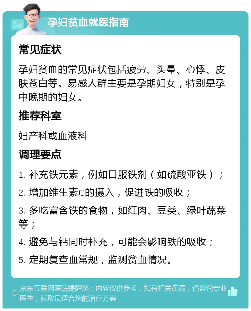 孕妇贫血就医指南 常见症状 孕妇贫血的常见症状包括疲劳、头晕、心悸、皮肤苍白等。易感人群主要是孕期妇女，特别是孕中晚期的妇女。 推荐科室 妇产科或血液科 调理要点 1. 补充铁元素，例如口服铁剂（如硫酸亚铁）； 2. 增加维生素C的摄入，促进铁的吸收； 3. 多吃富含铁的食物，如红肉、豆类、绿叶蔬菜等； 4. 避免与钙同时补充，可能会影响铁的吸收； 5. 定期复查血常规，监测贫血情况。