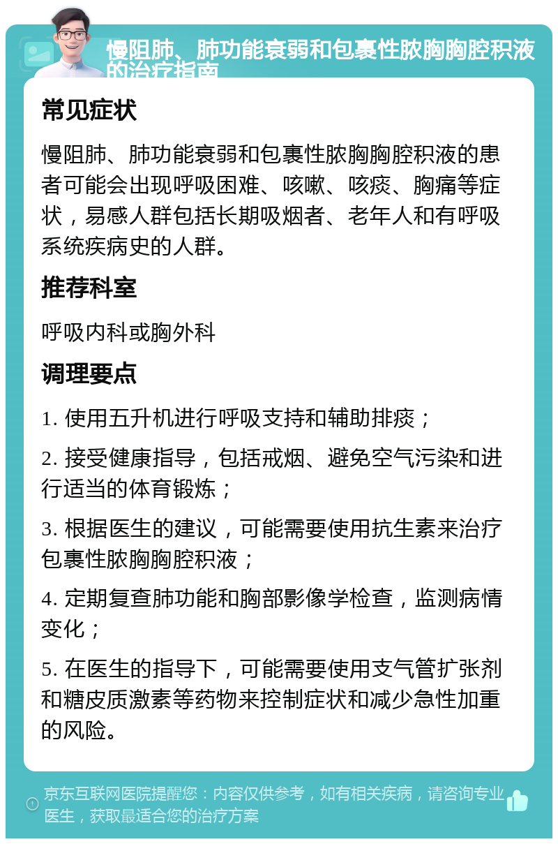 慢阻肺、肺功能衰弱和包裹性脓胸胸腔积液的治疗指南 常见症状 慢阻肺、肺功能衰弱和包裹性脓胸胸腔积液的患者可能会出现呼吸困难、咳嗽、咳痰、胸痛等症状，易感人群包括长期吸烟者、老年人和有呼吸系统疾病史的人群。 推荐科室 呼吸内科或胸外科 调理要点 1. 使用五升机进行呼吸支持和辅助排痰； 2. 接受健康指导，包括戒烟、避免空气污染和进行适当的体育锻炼； 3. 根据医生的建议，可能需要使用抗生素来治疗包裹性脓胸胸腔积液； 4. 定期复查肺功能和胸部影像学检查，监测病情变化； 5. 在医生的指导下，可能需要使用支气管扩张剂和糖皮质激素等药物来控制症状和减少急性加重的风险。