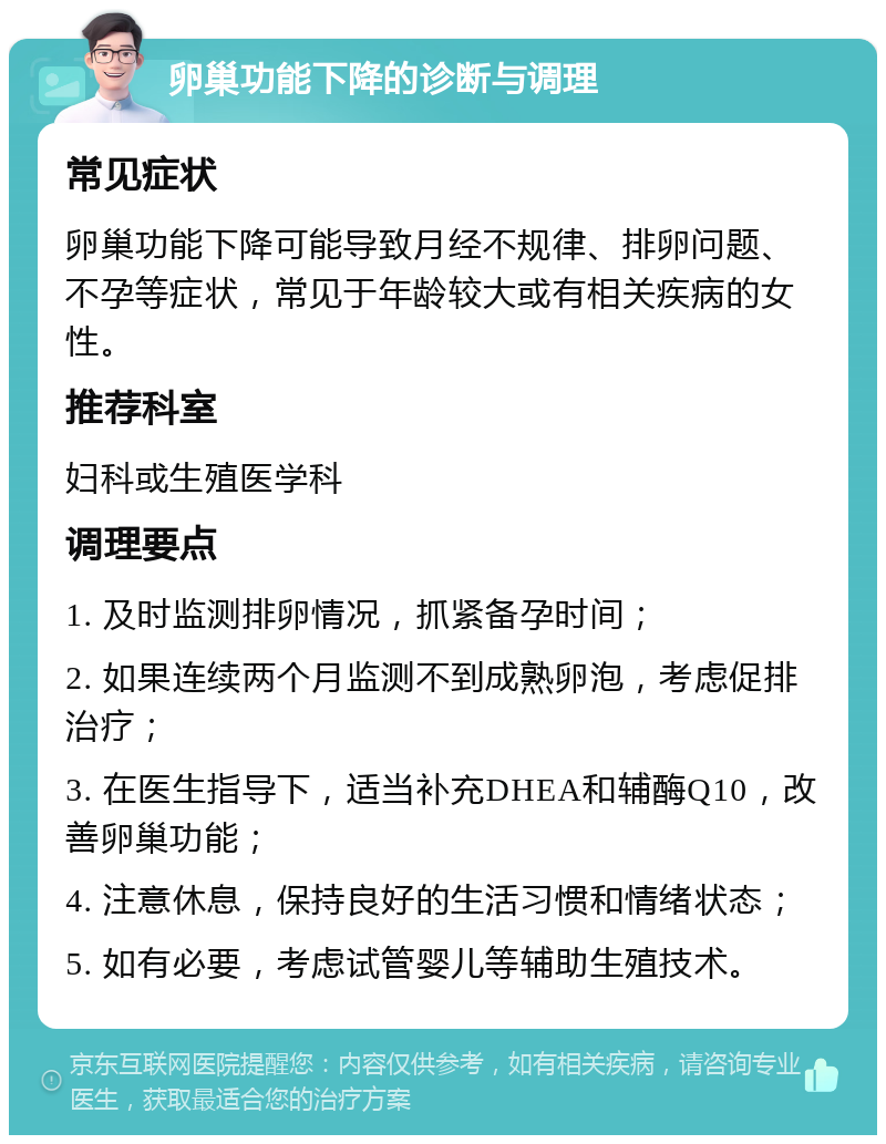 卵巢功能下降的诊断与调理 常见症状 卵巢功能下降可能导致月经不规律、排卵问题、不孕等症状，常见于年龄较大或有相关疾病的女性。 推荐科室 妇科或生殖医学科 调理要点 1. 及时监测排卵情况，抓紧备孕时间； 2. 如果连续两个月监测不到成熟卵泡，考虑促排治疗； 3. 在医生指导下，适当补充DHEA和辅酶Q10，改善卵巢功能； 4. 注意休息，保持良好的生活习惯和情绪状态； 5. 如有必要，考虑试管婴儿等辅助生殖技术。